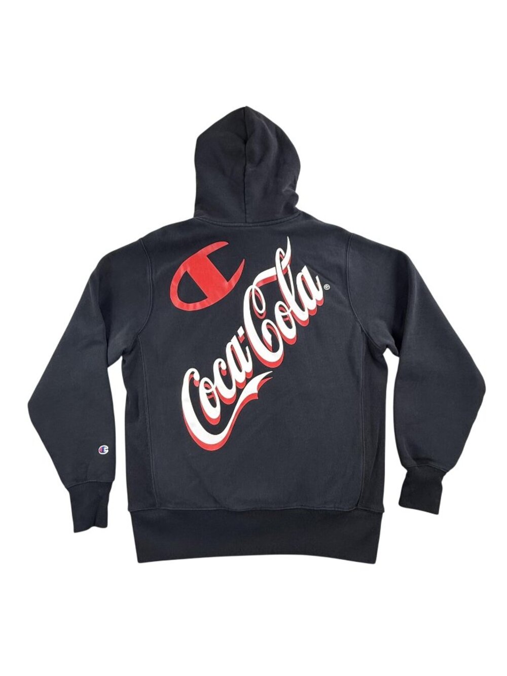 Champion Coca-Cola Hoodie Mens Large Black Reverse Weave Graphic Fleece Pullover